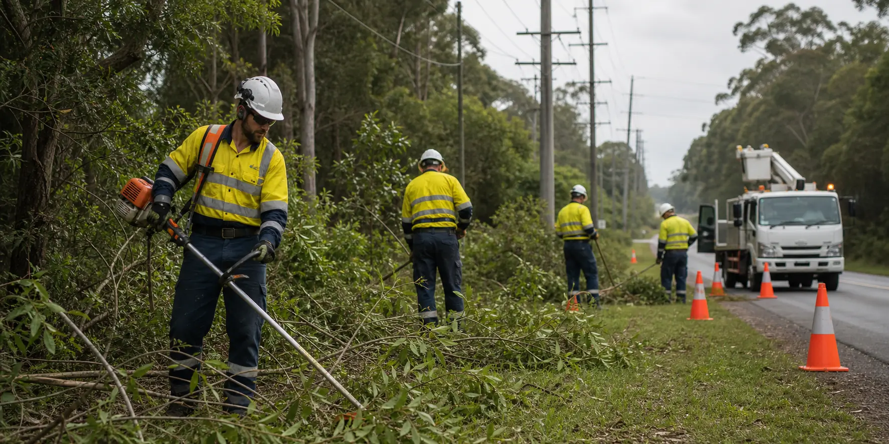 Qualified arboriculture crew delivering vegetation management beside an infrastructure corridor